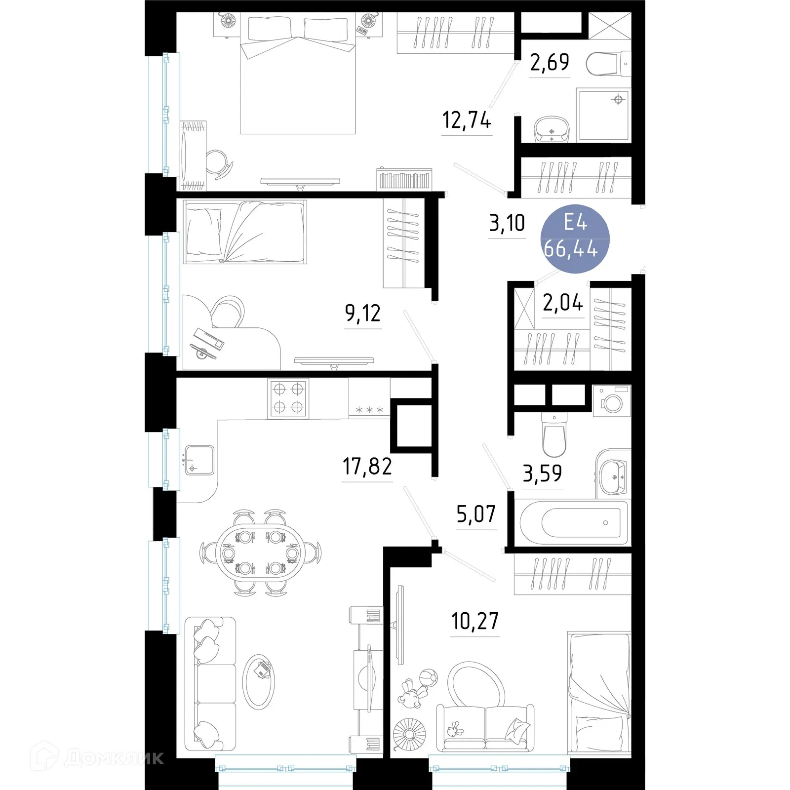 Планировка 3-комнатной квартиры 66.44 м² в Живи, г. Рязань — фото 1
