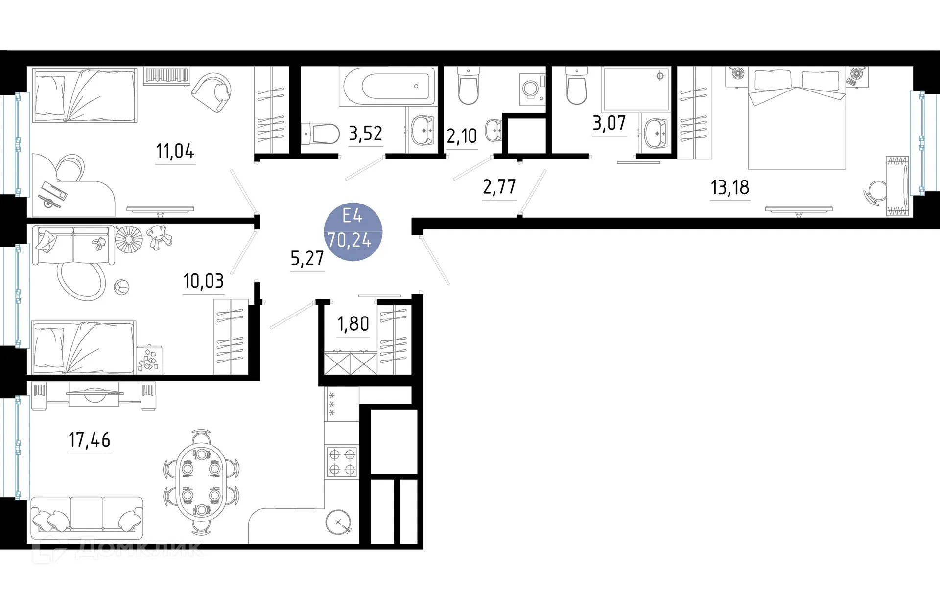 Планировка 3-комнатной квартиры 70.24 м² в Живи, г. Рязань — фото 1