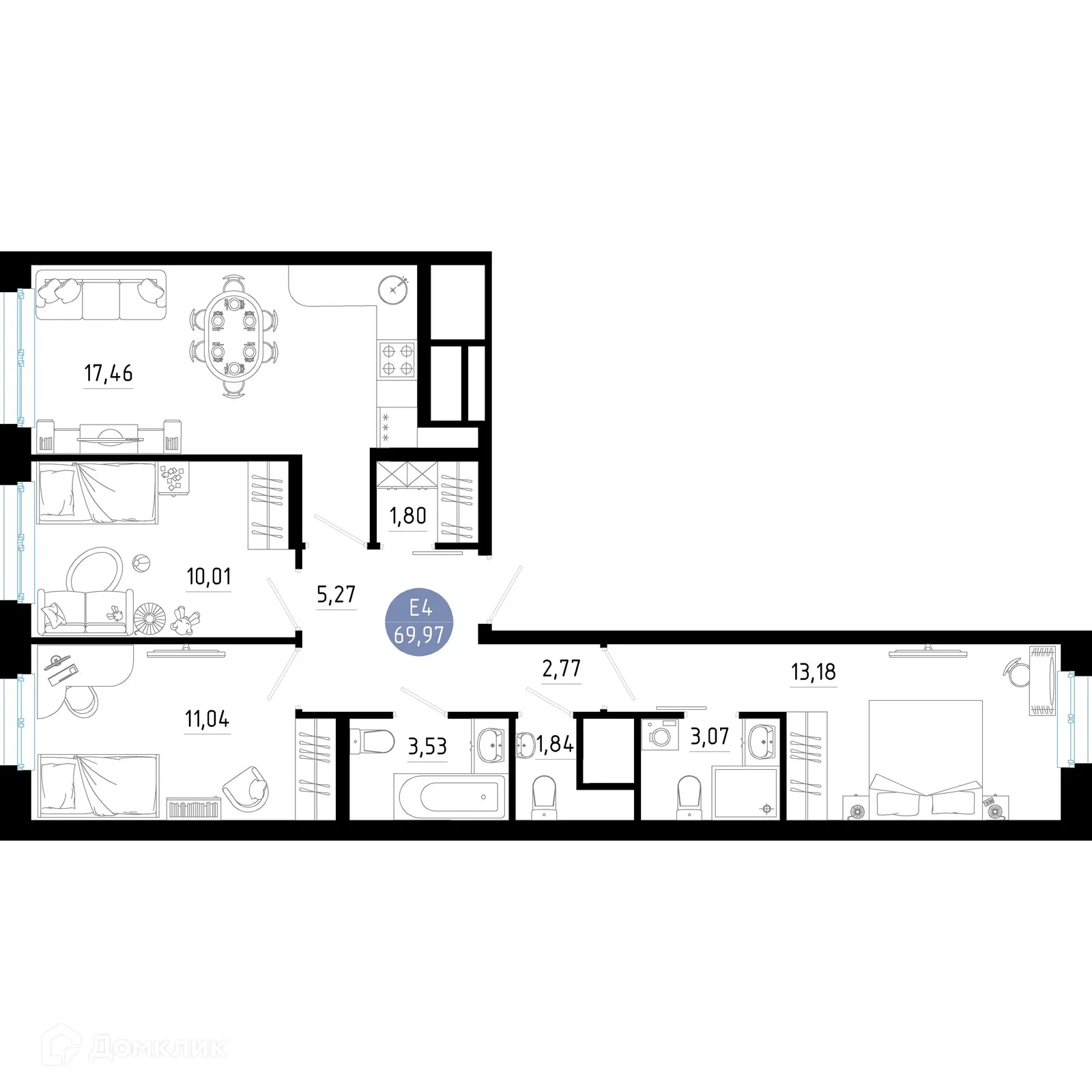 Планировка 3-комнатной квартиры 69.97 м² в Живи, г. Рязань — фото 1