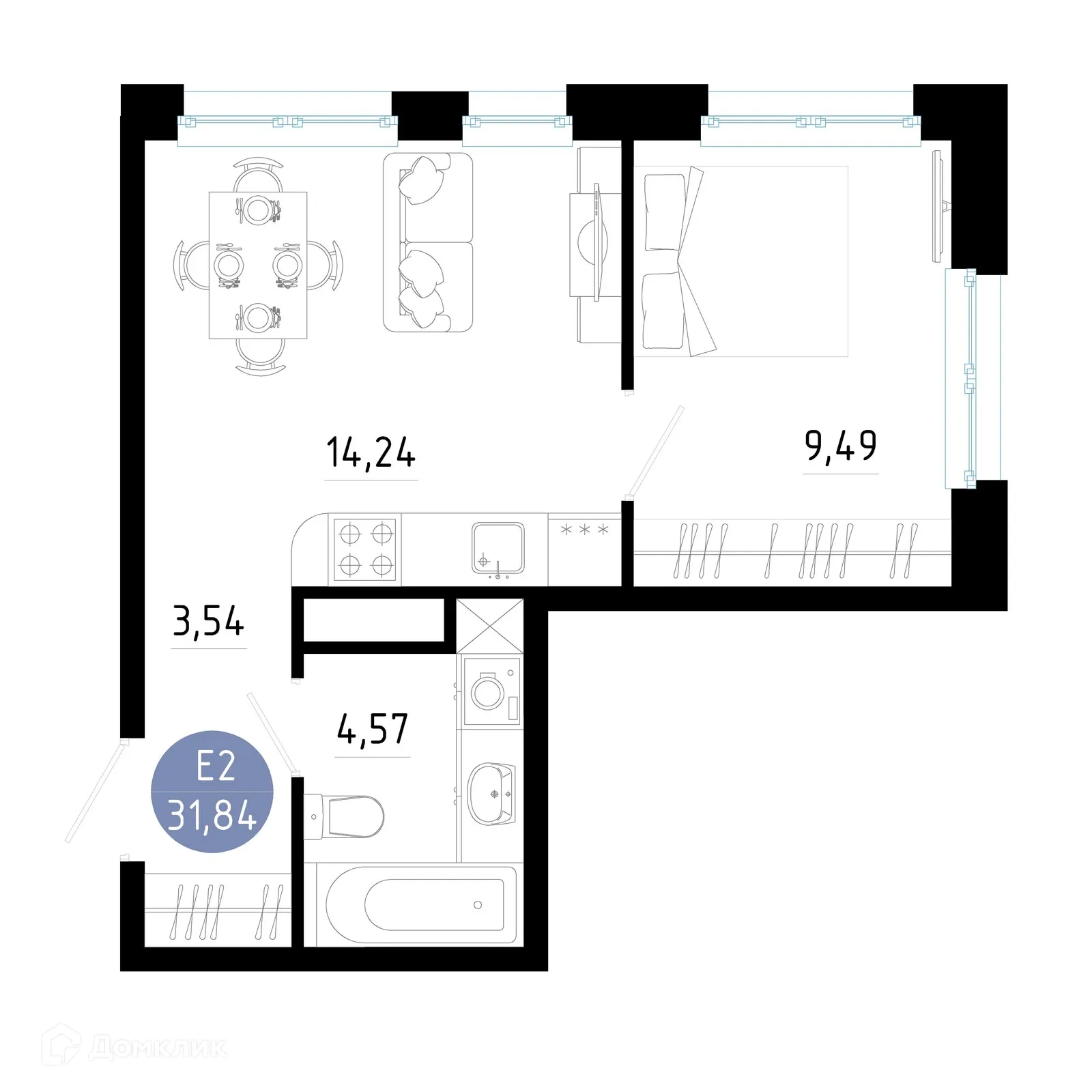 Планировка 1-комнатной квартиры 31.84 м² в Живи, г. Рязань — фото 1