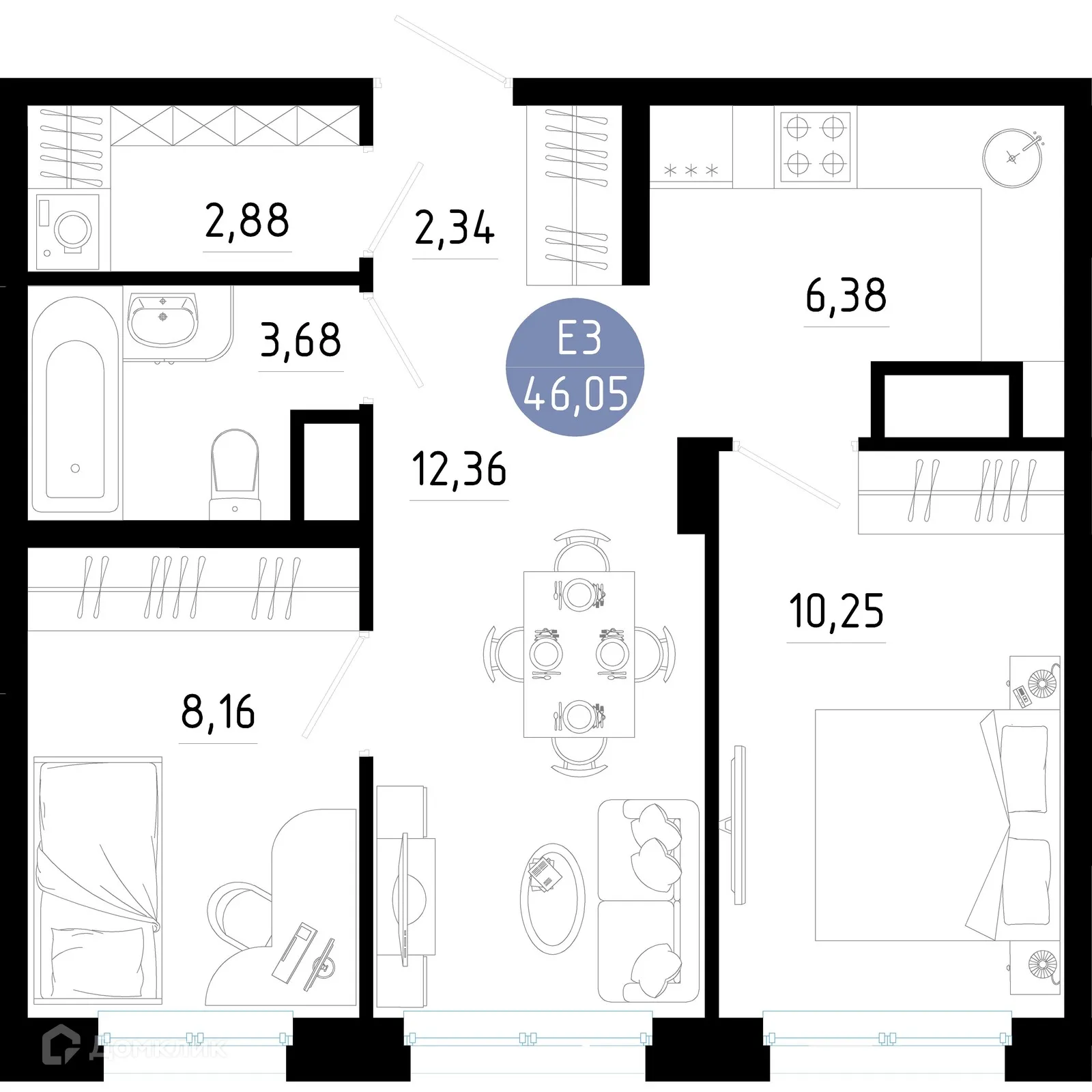 Планировка 2-комнатной квартиры 46.05 м² в Живи, г. Рязань — фото 1