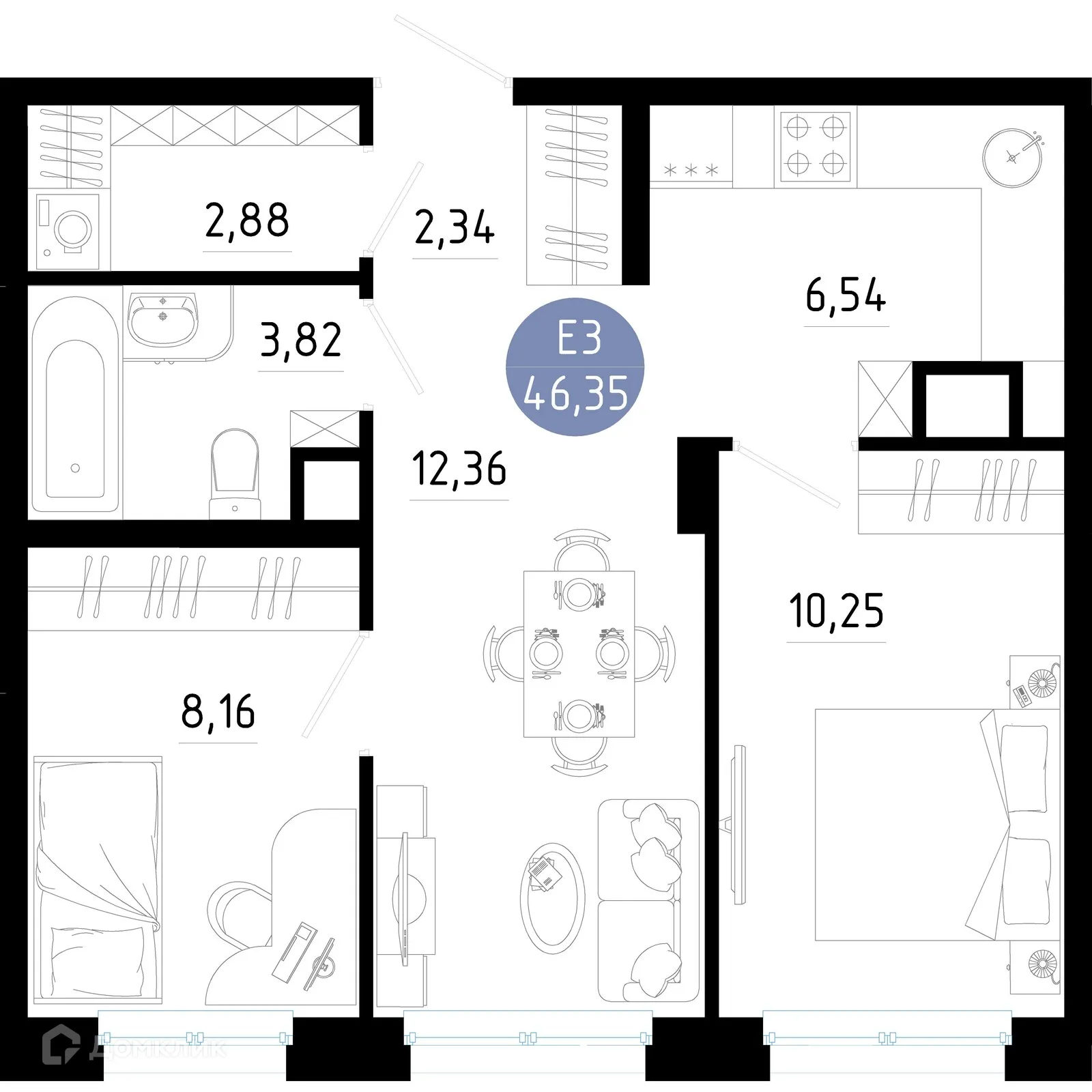 Планировка 2-комнатной квартиры 46.35 м² в Живи, г. Рязань — фото 1