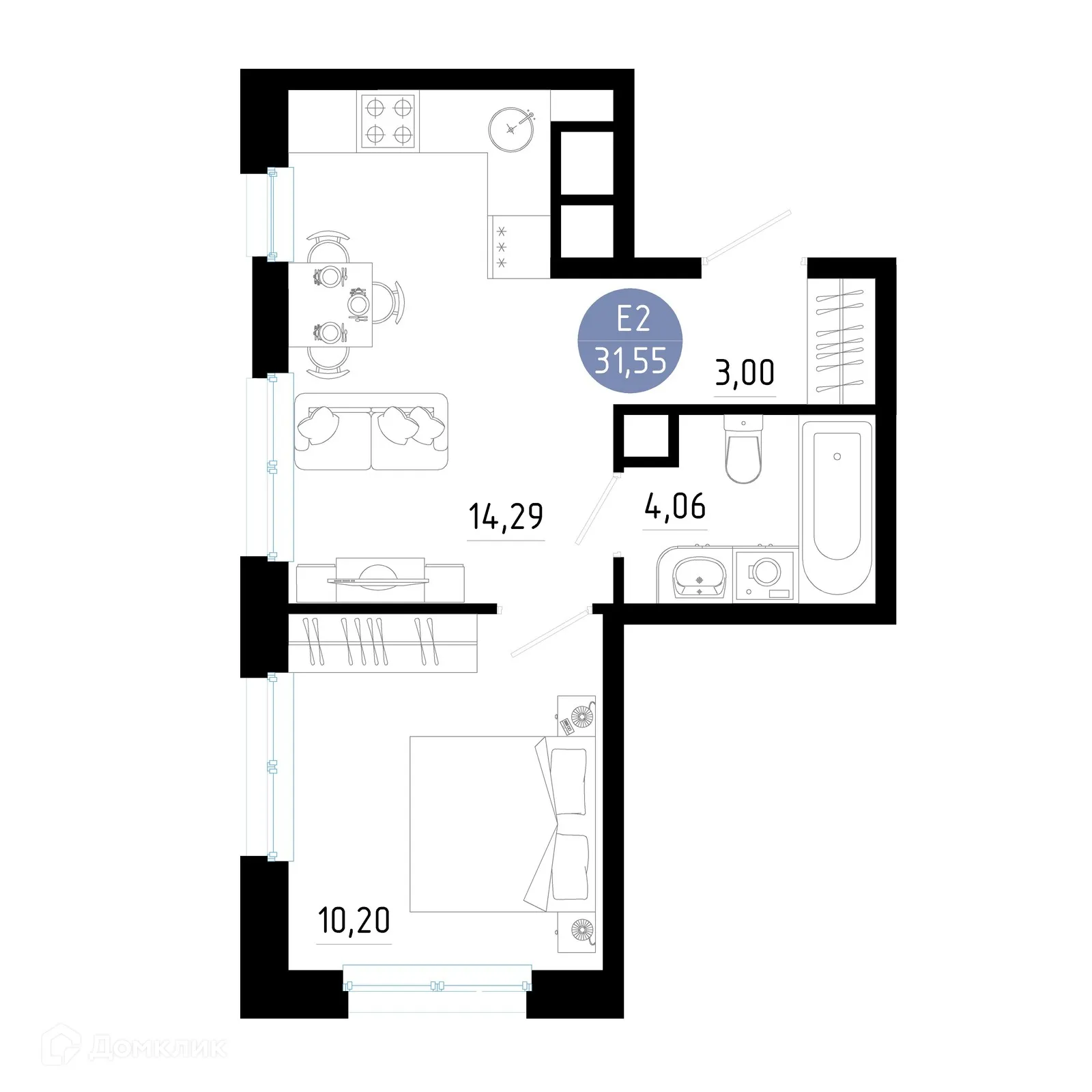 Планировка 1-комнатной квартиры 31.55 м² в Живи, г. Рязань — фото 1