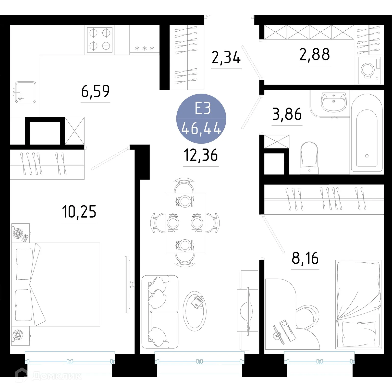 Планировка 2-комнатной квартиры 46.44 м² в Живи, г. Рязань — фото 1