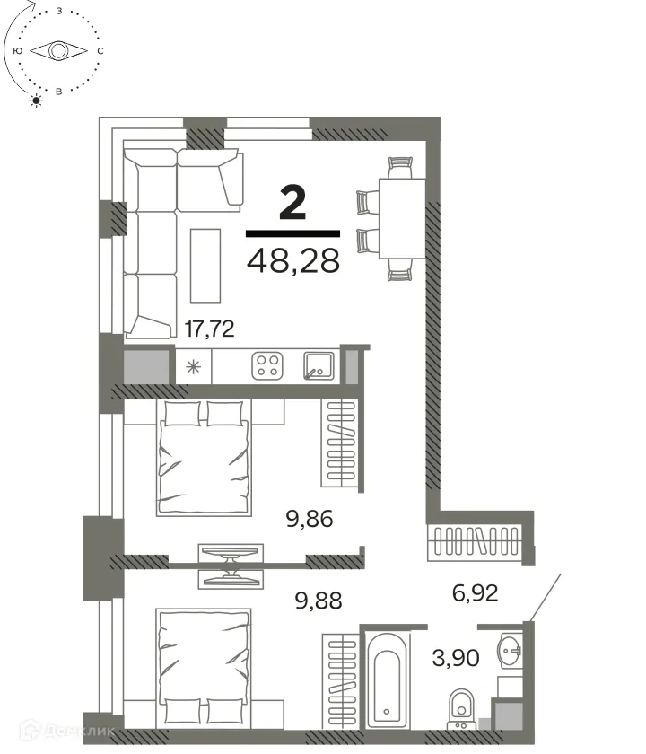 Планировка 2-комнатной квартиры 48.28 м² в ЖК "Северный", г. Рязань — фото 1