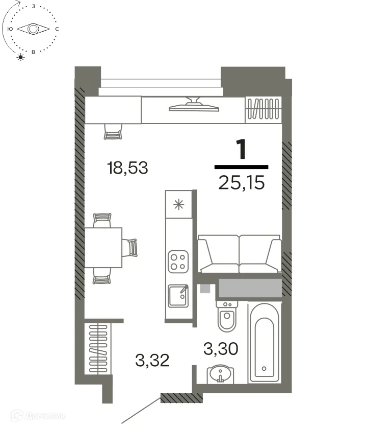 Планировка 1-комнатной квартиры 25.15 м² в ЖК "Северный", г. Рязань — фото 1