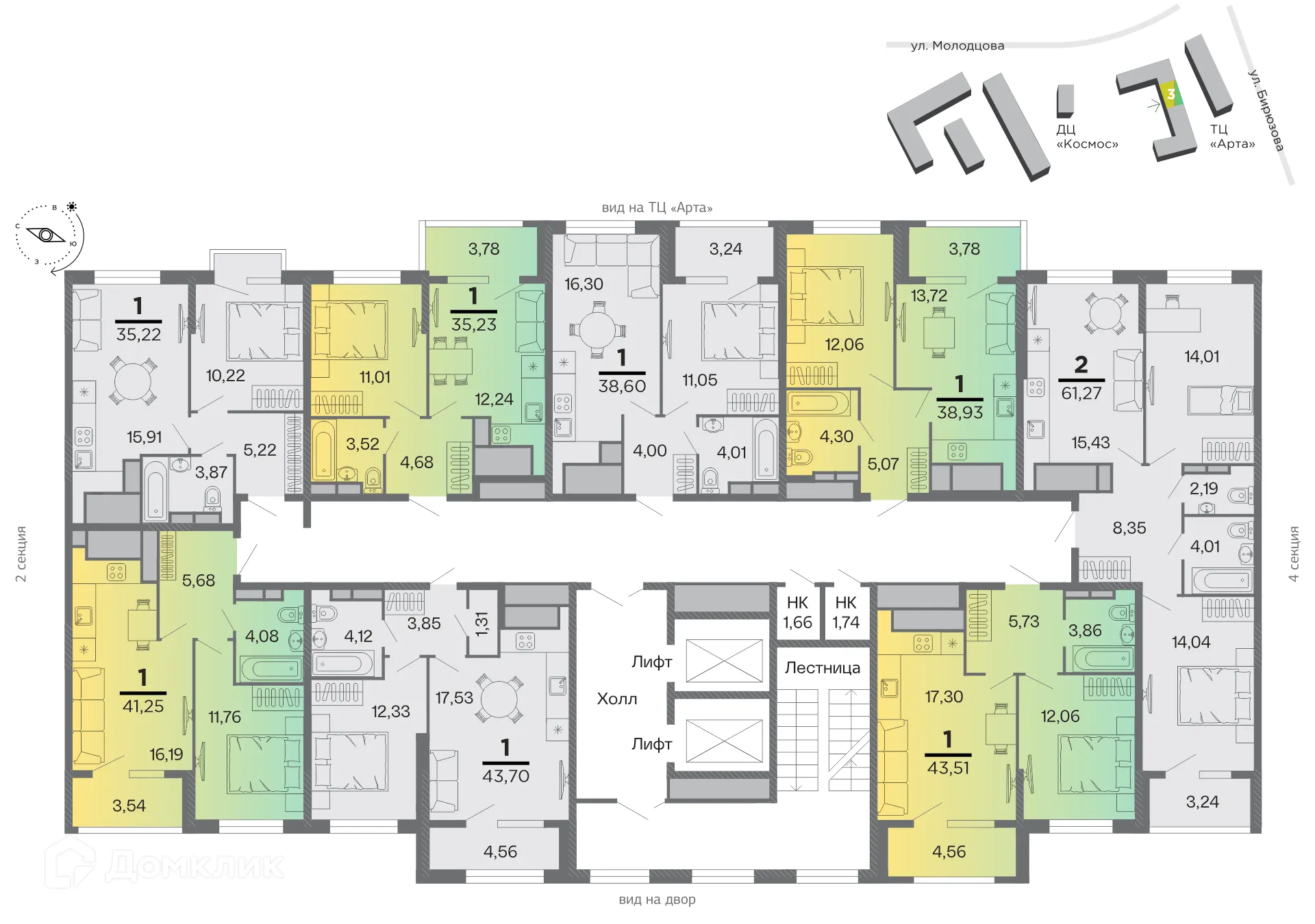 Планировка 1-комнатной квартиры 38.93 м² в ЖК "Бирюзова Парк", г. Рязань — фото 2