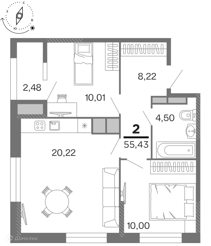 Планировка 2-комнатной квартиры 55.43 м² в ЖК "Бирюзова Парк", г. Рязань — фото 8