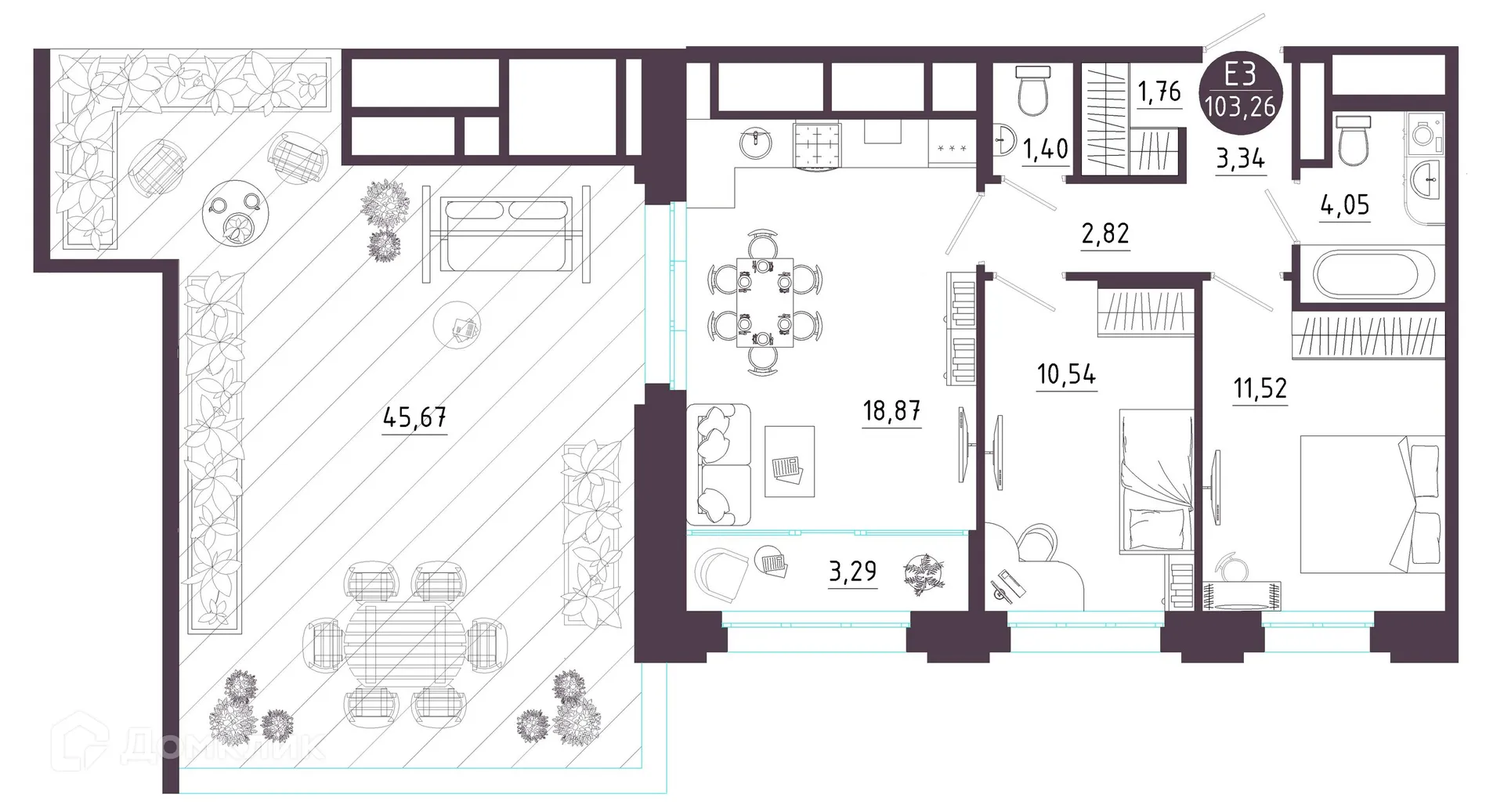 Планировка 2-комнатной квартиры 103.26 м² в ЖК Крылья, г. Рязань — фото 1