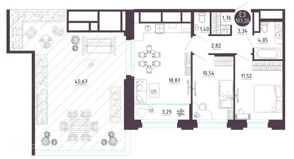 Планировка 2 комн. в ЖК Крылья