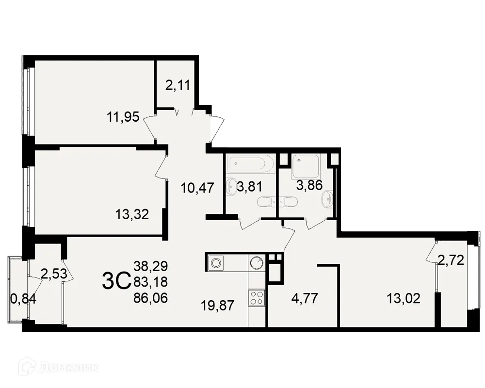 Планировка 3-комнатной квартиры 86.06 м² в ЖК Аура, г. Рязань — фото 1