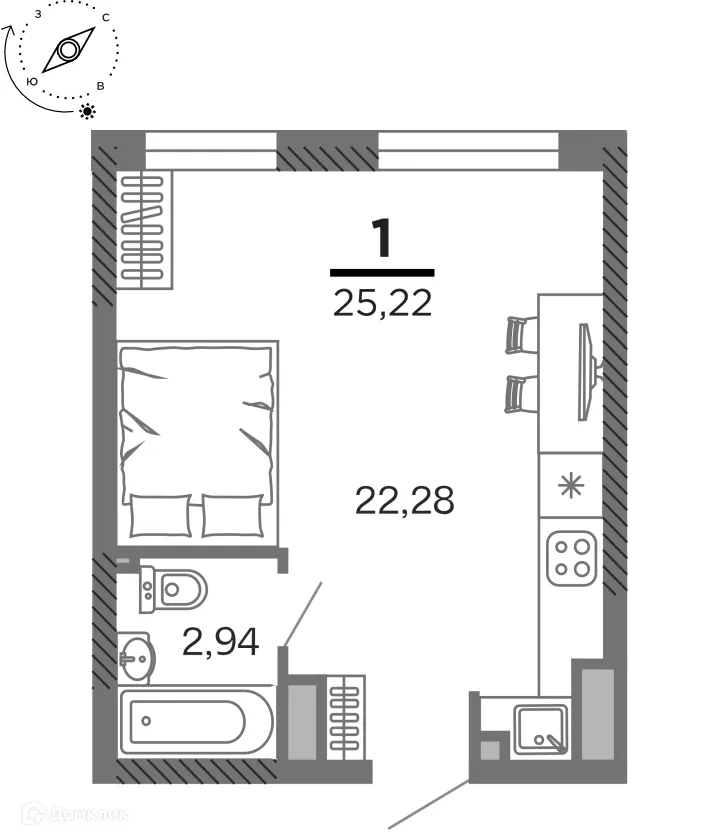 Планировка 1-комнатной квартиры 25.22 м² в ЖК город Рязань, Улица Зубковой, г. Рязань — фото 1