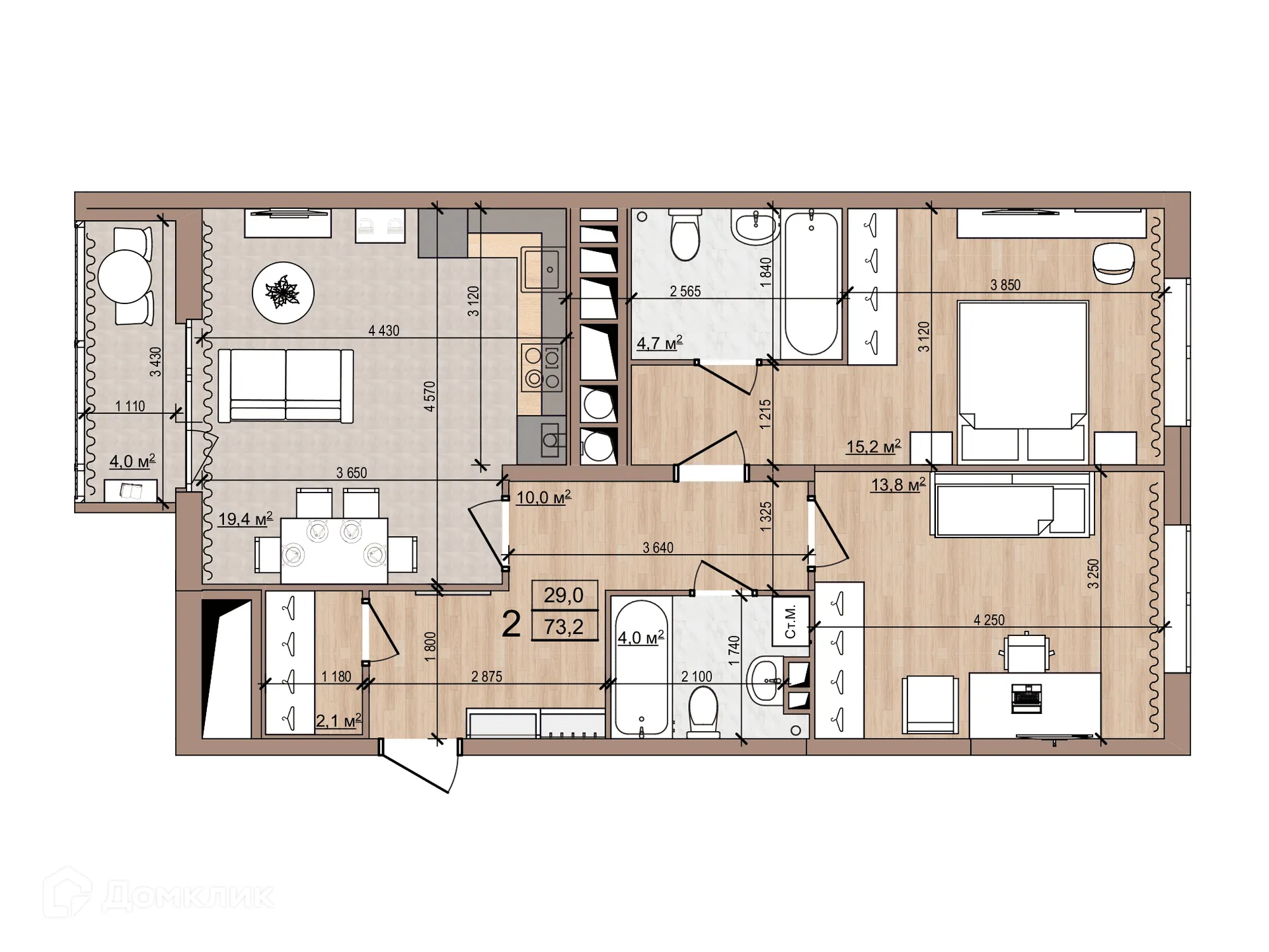 Планировка 2-комнатной квартиры 73.2 м² в ЖК Skyline (Скайлайн), г. Рязань — фото 2