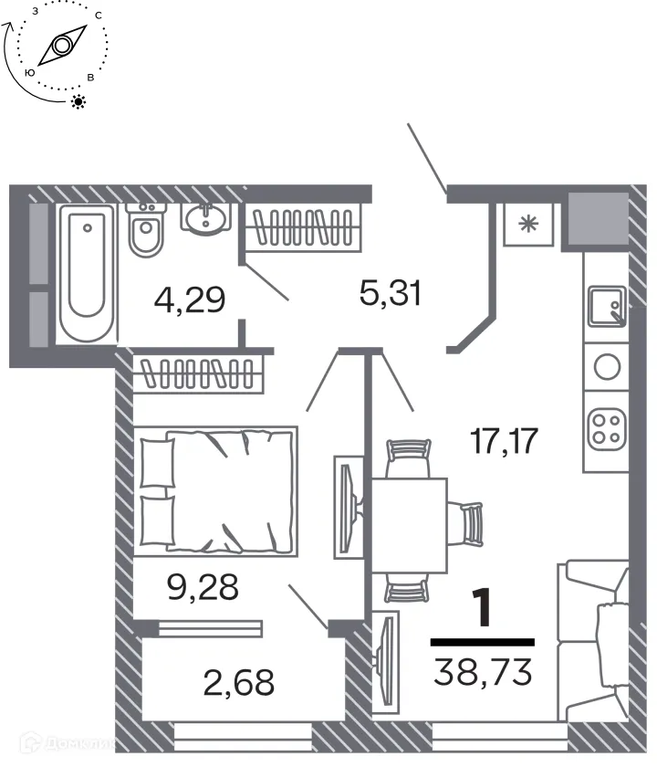 Планировка 1-комнатной квартиры 38.73 м² в Кипарис (Дом на Быстрецкой), г. Рязань — фото 1