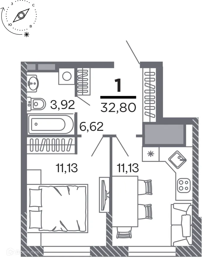 Планировка 1-комнатной квартиры 32.8 м² в Кипарис (Дом на Быстрецкой), г. Рязань — фото 1