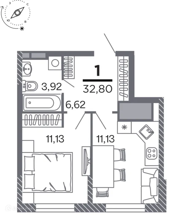 Планировка 1 комн. в Кипарис (Дом на Быстрецкой)