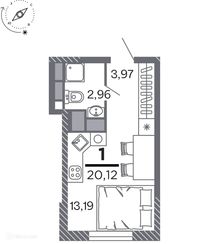 Планировка студии квартиры 20.12 м² в Кипарис (Дом на Быстрецкой), г. Рязань — фото 1