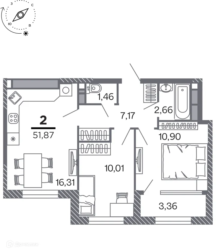 Планировка 2-комнатной квартиры 51.87 м² в Кипарис (Дом на Быстрецкой), г. Рязань — фото 1