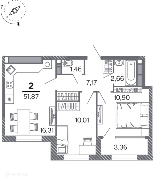 Планировка 2 комн. в Кипарис (Дом на Быстрецкой)