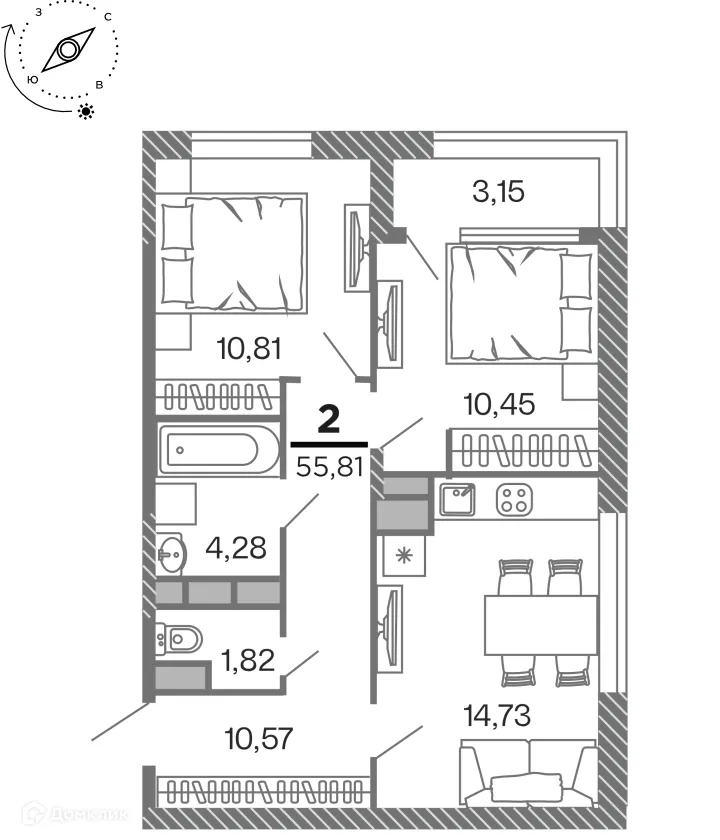 Планировка 2-комнатной квартиры 55.81 м² в Кипарис (Дом на Быстрецкой), г. Рязань — фото 1