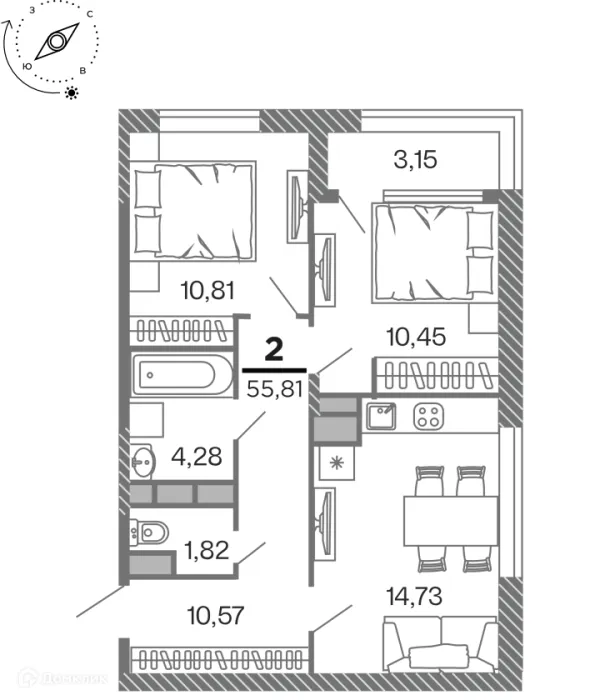 Планировка 2 комн. в Кипарис (Дом на Быстрецкой)