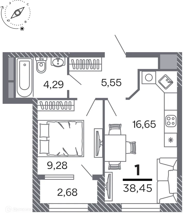 Планировка 1-комнатной квартиры 38.45 м² в Кипарис (Дом на Быстрецкой), г. Рязань — фото 1