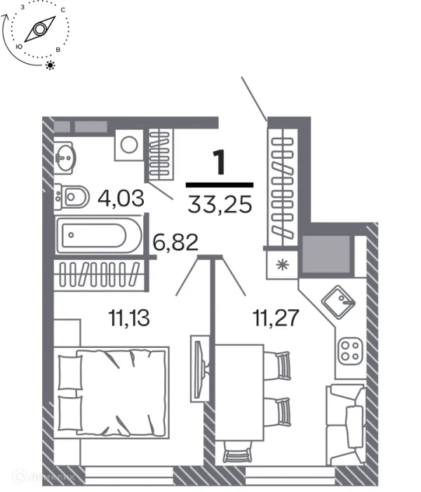 Планировка 1 комн. в Кипарис (Дом на Быстрецкой)