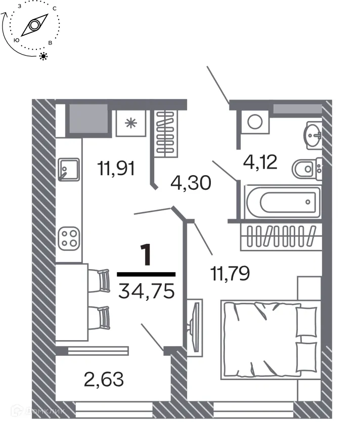 Планировка 1-комнатной квартиры 34.75 м² в Кипарис (Дом на Быстрецкой), г. Рязань — фото 1