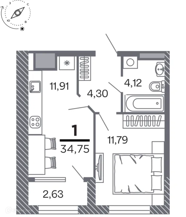 Планировка 1 комн. в Кипарис (Дом на Быстрецкой)