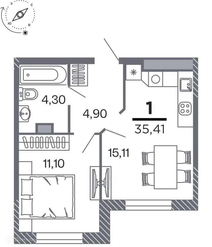Планировка 1-комнатной квартиры 35.41 м² в Кипарис (Дом на Быстрецкой), г. Рязань — фото 1