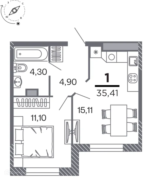 Планировка 1 комн. в Кипарис (Дом на Быстрецкой)