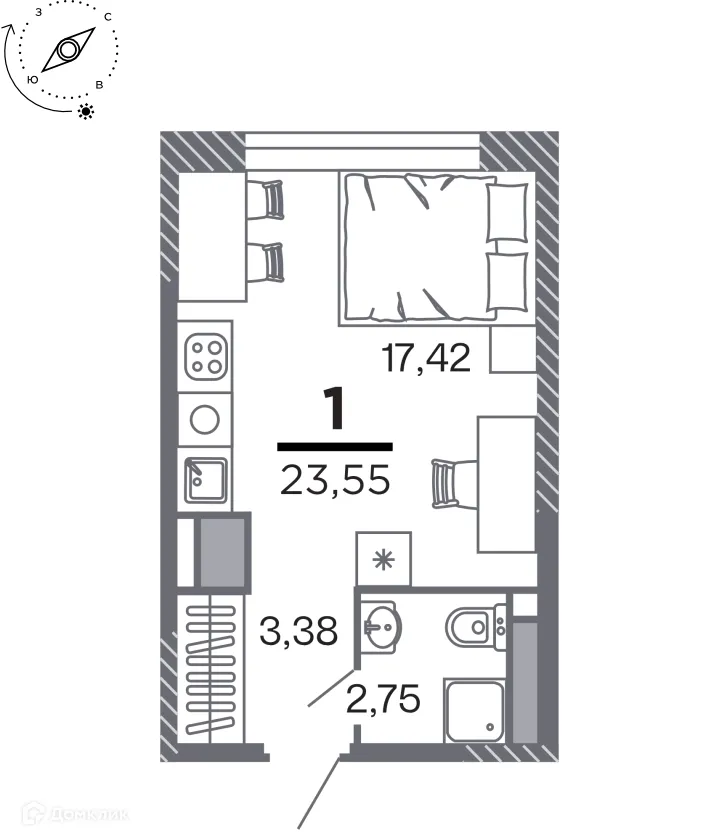 Планировка студии квартиры 23.55 м² в Кипарис (Дом на Быстрецкой), г. Рязань — фото 1