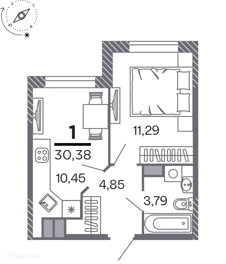 Планировка 1-комнатной квартиры 30.38 м² в Кипарис (Дом на Быстрецкой), г. Рязань — фото 1