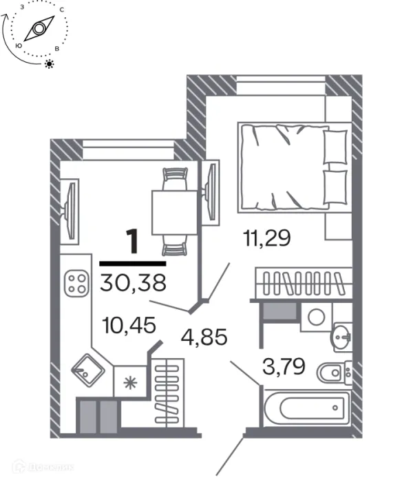 Планировка 1 комн. в Кипарис (Дом на Быстрецкой)
