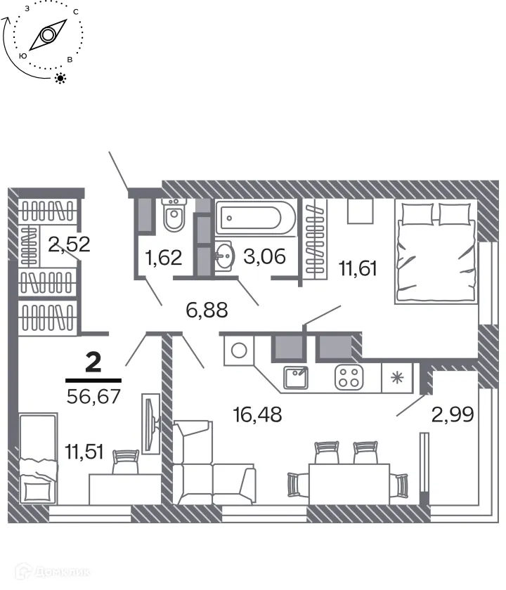 Планировка 2-комнатной квартиры 56.67 м² в Кипарис (Дом на Быстрецкой), г. Рязань — фото 1