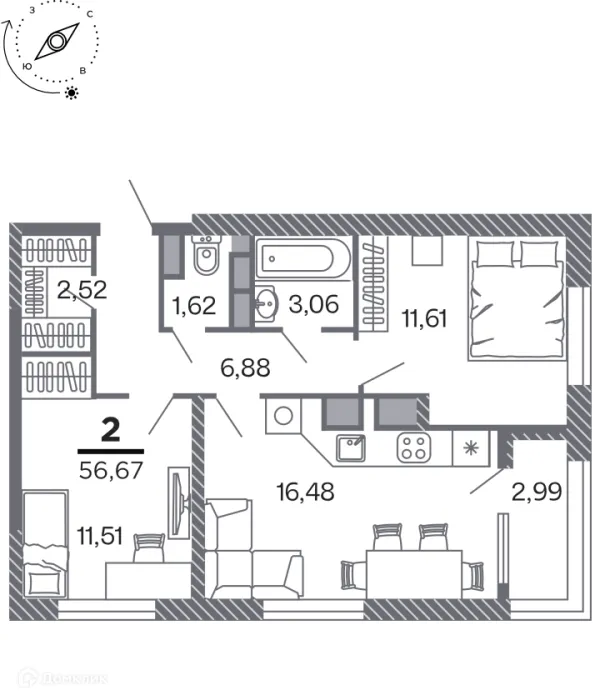 Планировка 2 комн. в Кипарис (Дом на Быстрецкой)