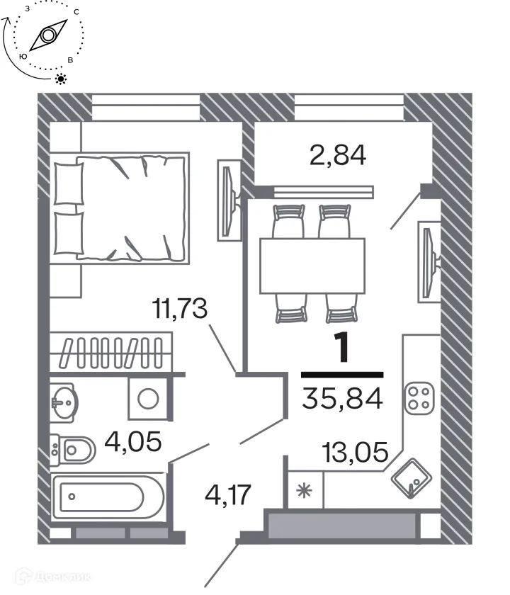 Планировка 1-комнатной квартиры 35.84 м² в Кипарис (Дом на Быстрецкой), г. Рязань — фото 1