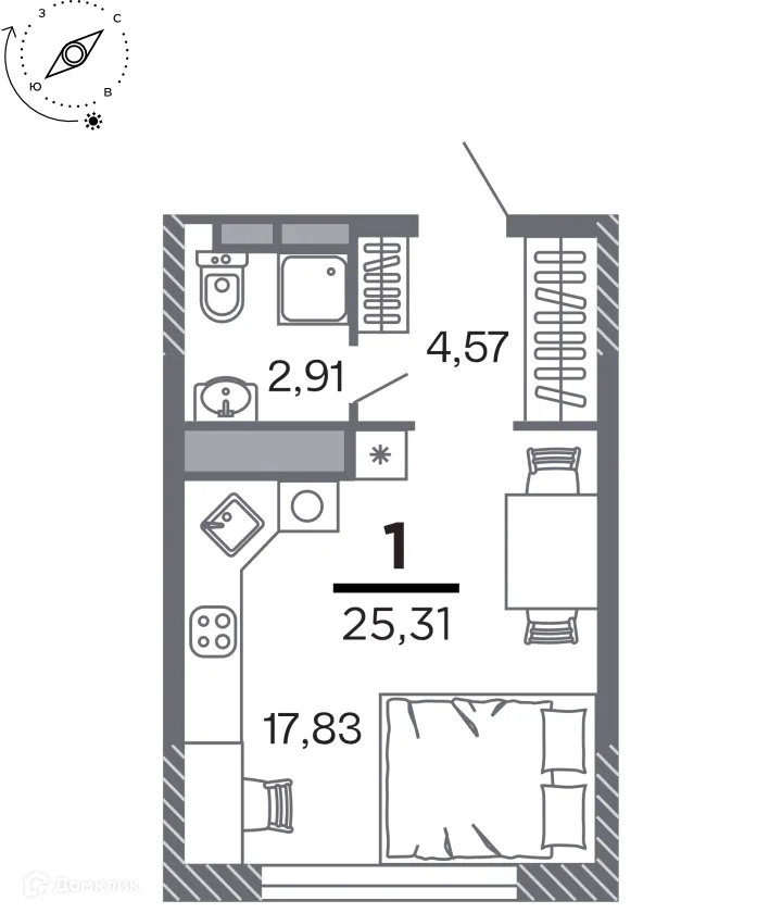 Планировка студии квартиры 25.31 м² в Кипарис (Дом на Быстрецкой), г. Рязань — фото 1