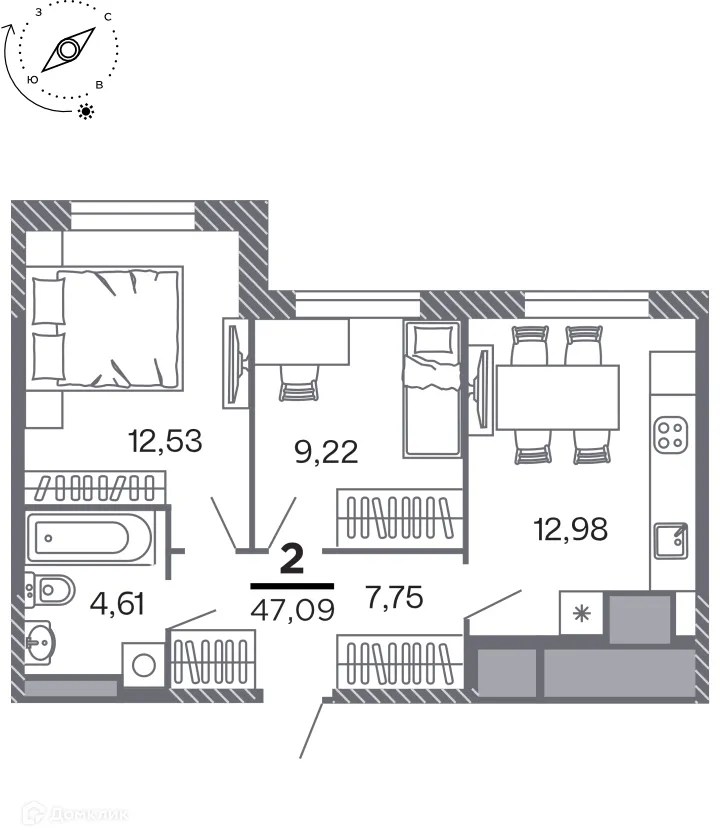Планировка 2-комнатной квартиры 47.09 м² в Кипарис (Дом на Быстрецкой), г. Рязань — фото 1
