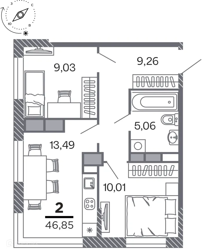 Планировка 2-комнатной квартиры 46.85 м² в Кипарис (Дом на Быстрецкой), г. Рязань — фото 1