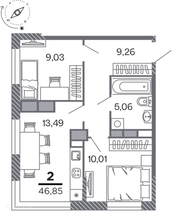 Планировка 2 комн. в Кипарис (Дом на Быстрецкой)