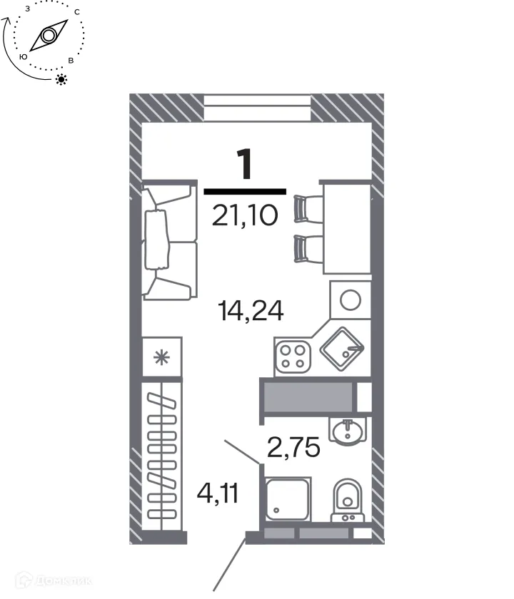 Планировка студии квартиры 21.1 м² в Кипарис (Дом на Быстрецкой), г. Рязань — фото 1