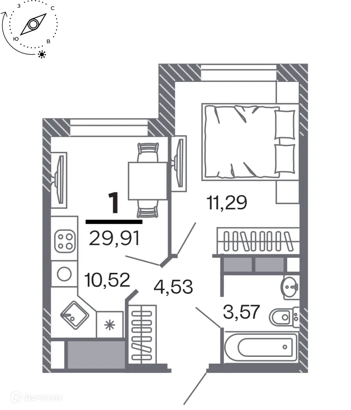 Планировка 1-комнатной квартиры 29.91 м² в Кипарис (Дом на Быстрецкой), г. Рязань — фото 1
