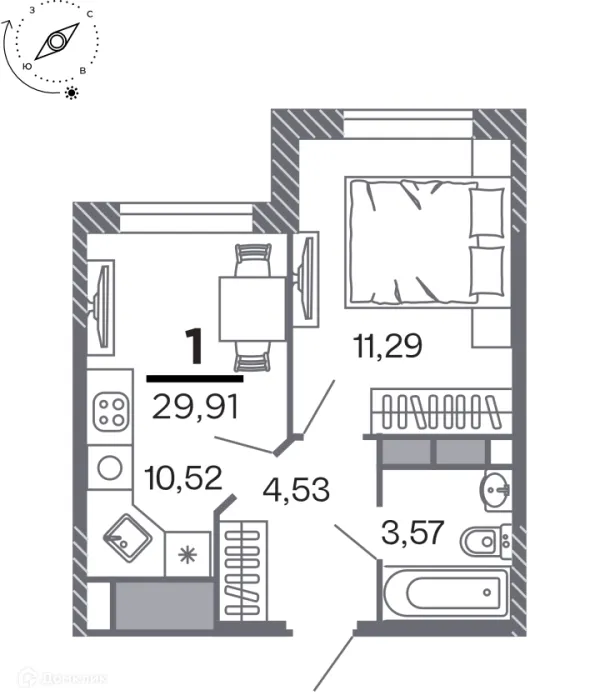 Планировка 1 комн. в Кипарис (Дом на Быстрецкой)