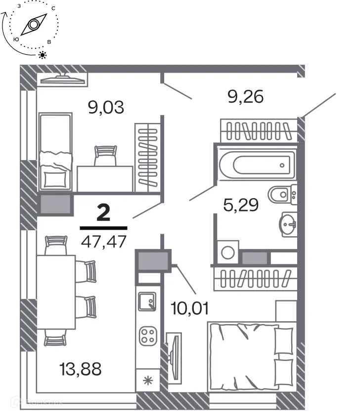 Планировка 2-комнатной квартиры 47.47 м² в Кипарис (Дом на Быстрецкой), г. Рязань — фото 1