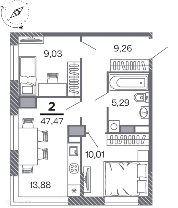 Планировка 2 комн. в Кипарис (Дом на Быстрецкой)
