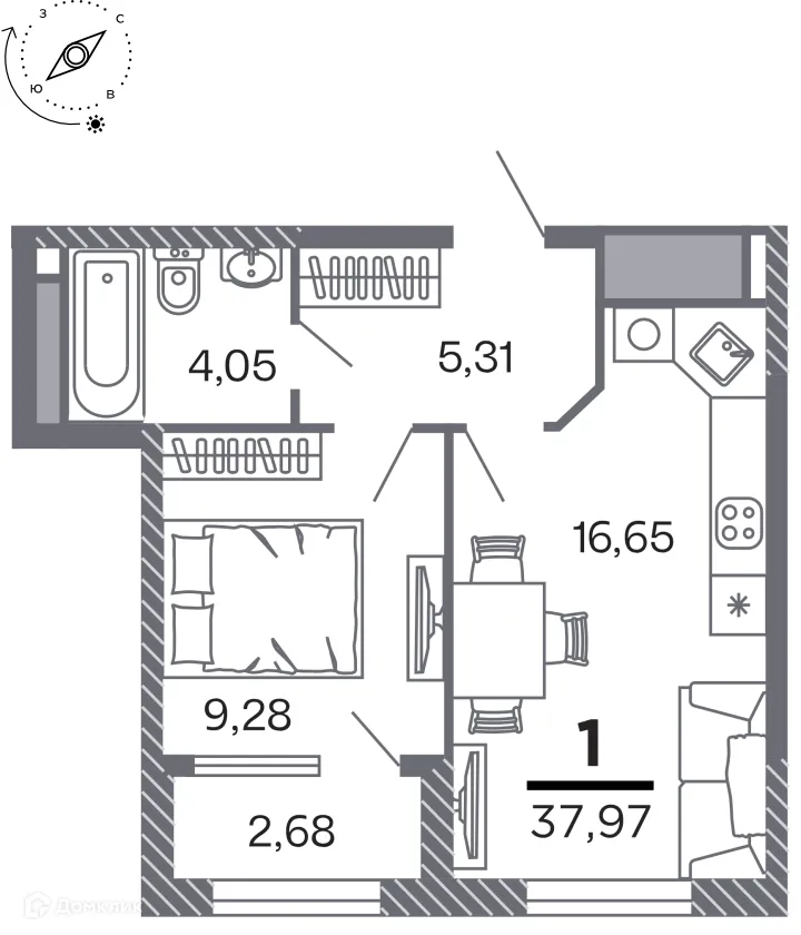 Планировка 1-комнатной квартиры 37.97 м² в Кипарис (Дом на Быстрецкой), г. Рязань — фото 1
