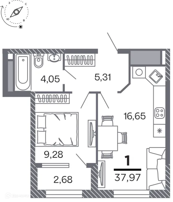 Планировка 1 комн. в Кипарис (Дом на Быстрецкой)