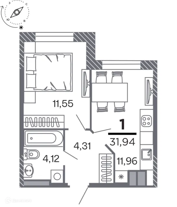 Планировка 1 комн. в Кипарис (Дом на Быстрецкой)