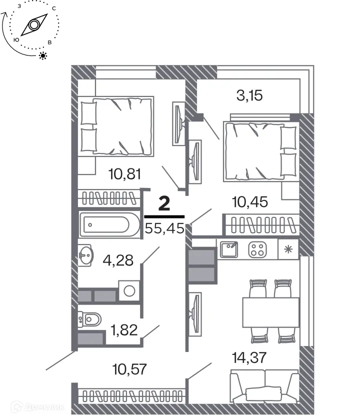 Планировка 2-комнатной квартиры 55.45 м² в Кипарис (Дом на Быстрецкой), г. Рязань — фото 1